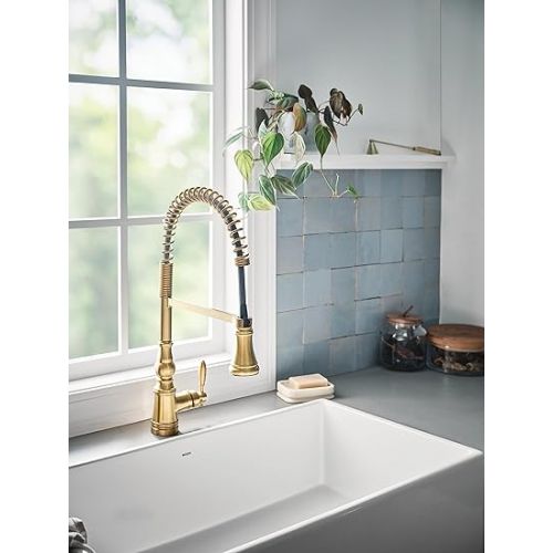  Moen WeymouthBrushed Gold One Handle Pre-Rinse Spring Farmhouse Pulldown Kitchen Faucet with Power Boost for a Faster Clean, S73104BG