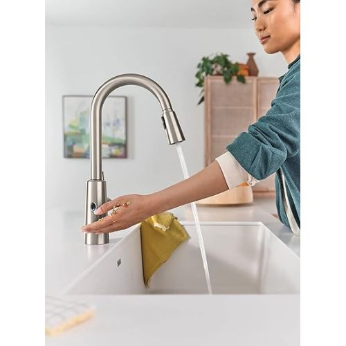  Moen Riley Spot Resist Stainless Hands-Free Touchless Sensor Single Handle Pull Down Kitchen Faucet, 7402EWSRS, 3/8 Inch