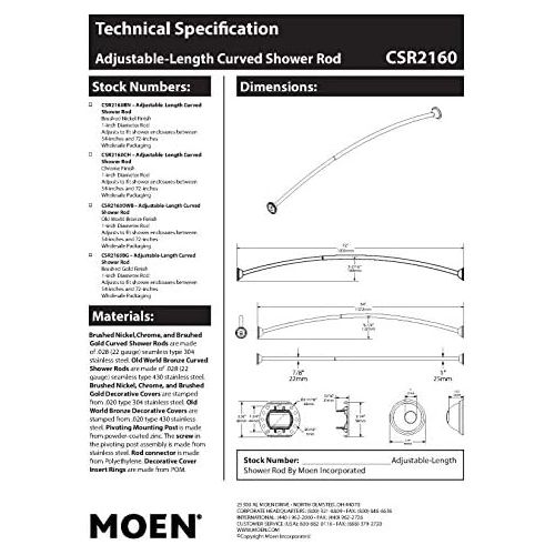  Moen CSR2160OWB 54 to 72-Inch Adjustable Length Fixed Mount Single Curved Shower Rod, Old World Bronze