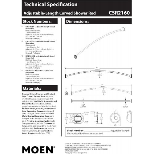  Moen CSR2160OWB 54 to 72-Inch Adjustable Length Fixed Mount Single Curved Shower Rod, Old World Bronze