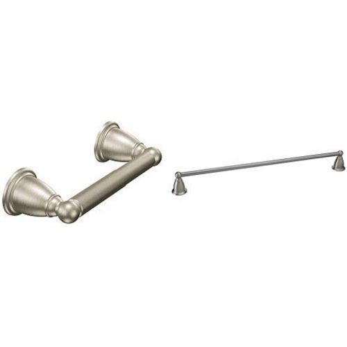  Moen YB2208BN Brantford Double Post Spring-Loaded Toilet Paper Holder, Brushed Nickel with Moen YB2224BN Brantford Collection 24-Inch Bathroom Single Towel Bar, 24 Inch, Brushed Ni