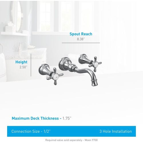  Moen TS42112NL-9700 Weymouth Polished Two-Handle High Arc Wall Mount Bathroom Faucet with Valve, Polished Nickel