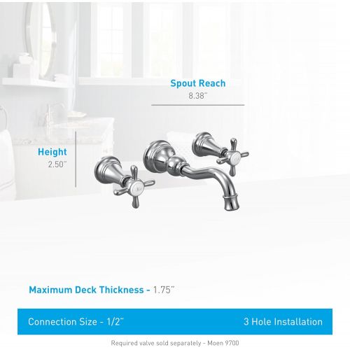  Moen TS42112-9700 Weymouth Two-Handle High Arc Wall Mount Bathroom Faucet with Valve, Chrome