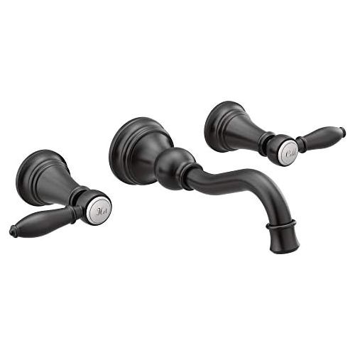  Moen TS42106 Weymouth Two-Handle Lever Handle Wall Mount Bathroom Faucet Trim, Valve Required, Matte Black