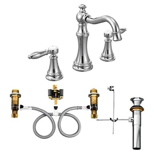 Moen TS42108-9000 Weymouth Two-Handle Widespread Bathroom Faucet with Lever Handles and Valve, Chrome