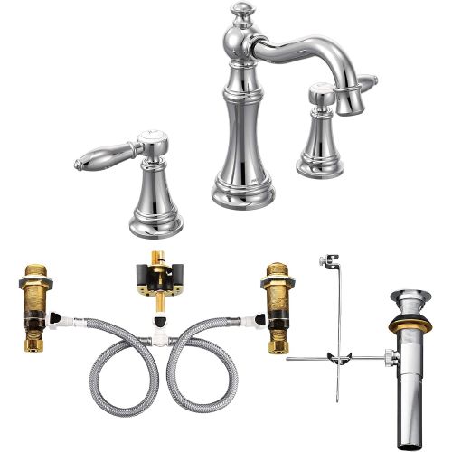  Moen TS42108-9000 Weymouth Two-Handle Widespread Bathroom Faucet with Lever Handles and Valve, Chrome