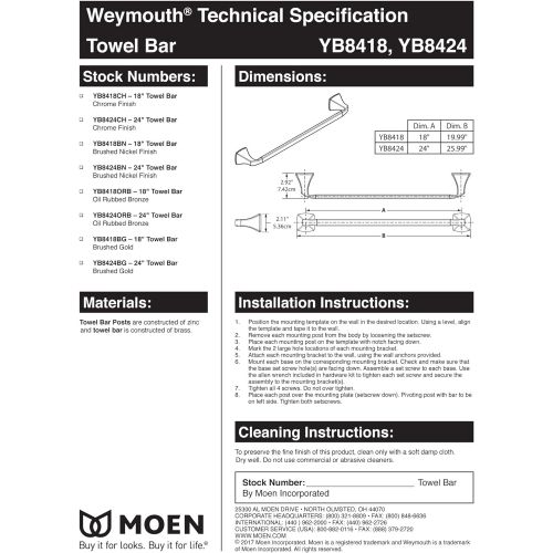  Moen YB8418CH Weymouth 18-Inch Towel Bar, Chrome
