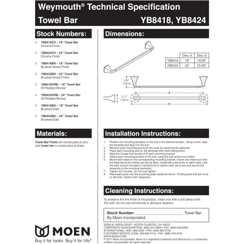  Moen YB8424CH Weymouth 24-Inch Towel Bar, Chrome