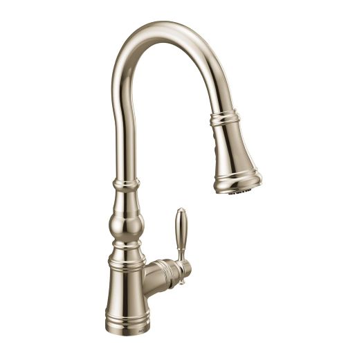  Moen S73004NL Weymouth Shepherds Hook Pulldown Kitchen Faucet Featuring Metal Wand with Power Boost, Polished Nickel