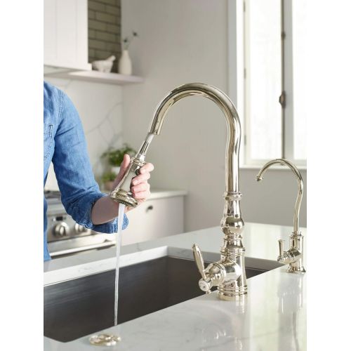  Moen S73004NL Weymouth Shepherds Hook Pulldown Kitchen Faucet Featuring Metal Wand with Power Boost, Polished Nickel