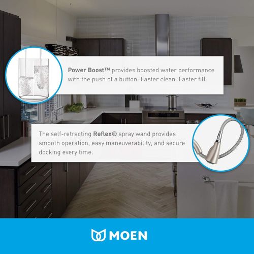  Moen S73004NL Weymouth Shepherds Hook Pulldown Kitchen Faucet Featuring Metal Wand with Power Boost, Polished Nickel