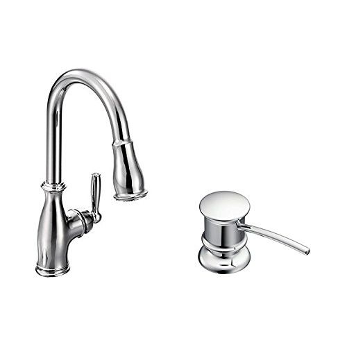  Moen Brantford One-Handle High Arc Pulldown Kitchen Faucet, Chrome (7185C) with Kitchen Soap and Lotion Dispenser