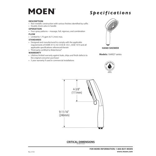  Moen 164927ORB Replacement 4-Function Oil Rubbed Bronze Handheld Showerhead