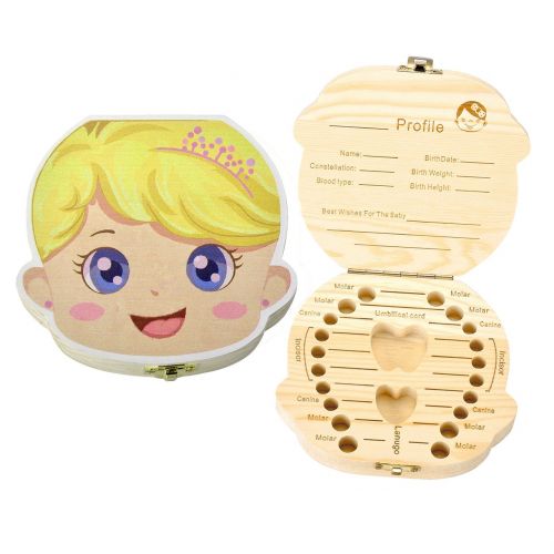  [아마존베스트]Mogoko Cute Print Baby Tooth Box, Wooden Milk Teeth Storage Organizer, Kids Lost Tooth Keeper Box for Girl (English, Princess)