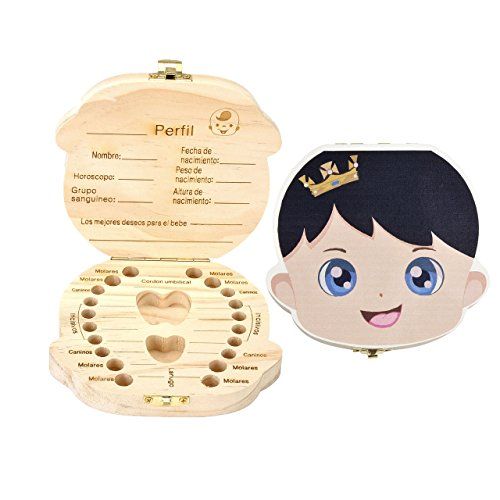  [아마존베스트]Mogoko Cute Print Baby Tooth Box, Wooden Milk Teeth Storage Case Lost Tooth Organizer for Boy (Spanish, Prince)