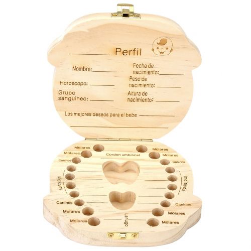  [아마존베스트]Mogoko Cute Print Baby Tooth Box, Wooden Milk Teeth Storage Case Lost Tooth Organizer for Boy (Spanish, Prince)