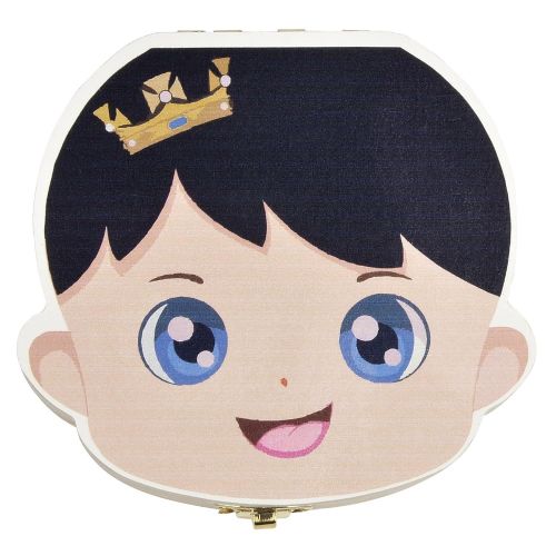  [아마존베스트]Mogoko Cute Print Baby Tooth Box, Wooden Milk Teeth Storage Case Lost Tooth Organizer for Boy (Spanish, Prince)