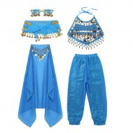 Moily moily Kids Girls Arabian Princess Costume Sequins Belly Dance Outfit Halter Top Harem Pants 5 Pcs Set