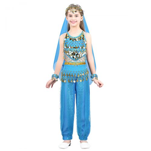  Moily moily Kids Girls Arabian Princess Costume Sequins Belly Dance Outfit Halter Top Harem Pants 5 Pcs Set