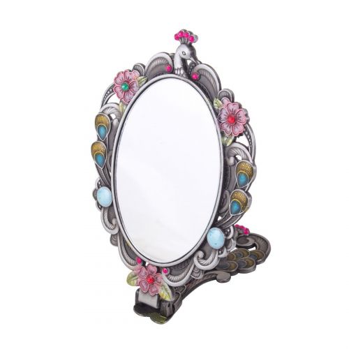  Moiom Vintage Style Foldable Oval Peacock Pattern Makeup Hand/Table Mirror (Antique Silver)