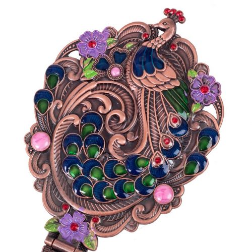  Moiom Vintage Style Foldable Oval Peacock Pattern Makeup Hand/Table Mirror (Bronze)