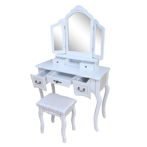  Mojogy Vanity Set, Tri-Folding Mirror, 5 Drawers, MDF Dressing Table with Cushioned Stool Easy Assembly, Gift for Girls White