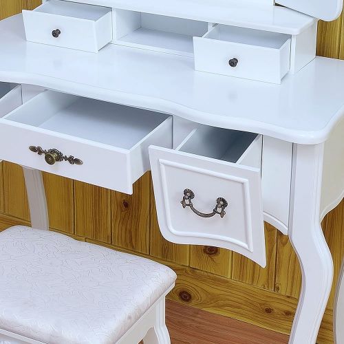  Mojogy Vanity Set, Tri-Folding Mirror, 5 Drawers, MDF Dressing Table with Cushioned Stool Easy Assembly, Gift for Girls White