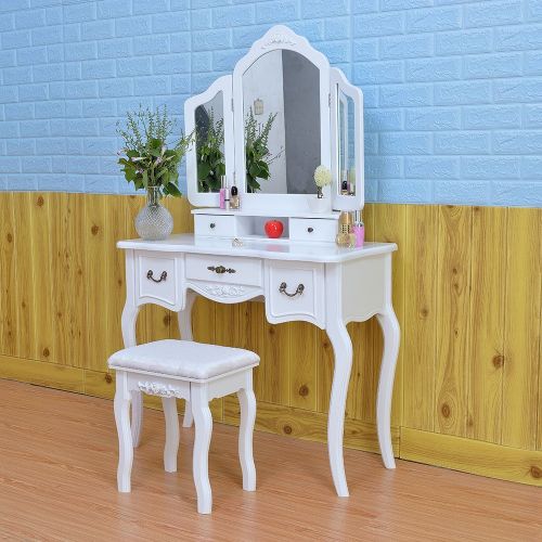  Mojogy Vanity Set, Tri-Folding Mirror, 5 Drawers, MDF Dressing Table with Cushioned Stool Easy Assembly, Gift for Girls White