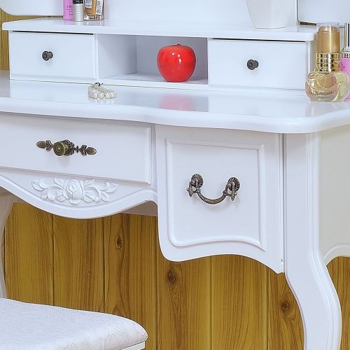  Mojogy Vanity Set, Tri-Folding Mirror, 5 Drawers, MDF Dressing Table with Cushioned Stool Easy Assembly, Gift for Girls White