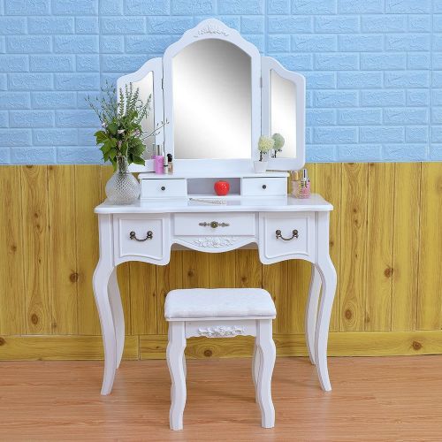  Mojogy Vanity Set, Tri-Folding Mirror, 5 Drawers, MDF Dressing Table with Cushioned Stool Easy Assembly, Gift for Girls White