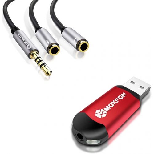  Mokfon MOKFON Headphone Y Splitter + USB Sound Adapter PC Headset Extension Cable + Stereo Sound Card Support Windows,Mac,Linux,etc.Plug Play PS4,Tablet, Laptop,Phone More(Black Red)