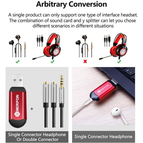  Mokfon MOKFON Headphone Y Splitter + USB Sound Adapter PC Headset Extension Cable + Stereo Sound Card Support Windows,Mac,Linux,etc.Plug Play PS4,Tablet, Laptop,Phone More(Black Red)
