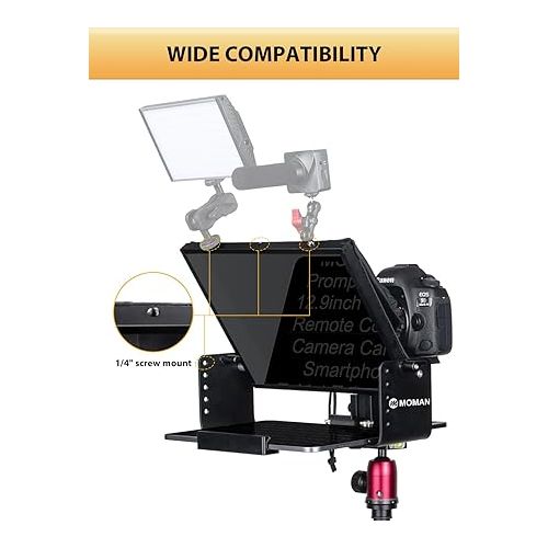  Teleprompter, MOMAN MT12 Metal Prompter Kit 12 inch for 12.9inch iPad Tablets with APP Remote Control for DSLR Camera Camcorder Smartphone Mobile, Tablet-Teleprompter-Autocue-Camera-Prompting