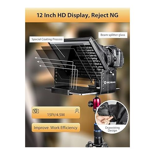  Teleprompter, MOMAN MT12 Metal Prompter Kit 12 inch for 12.9inch iPad Tablets with APP Remote Control for DSLR Camera Camcorder Smartphone Mobile, Tablet-Teleprompter-Autocue-Camera-Prompting