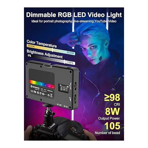  RGB On Camera LED Video Light, Moman ML9R 2500K-8500K Dimmable with Built-in Rechargeable Battery, CRI 96+/TLCI 98+, Aluminum Alloy Body & Silicone Diffuser for Photography and Videography