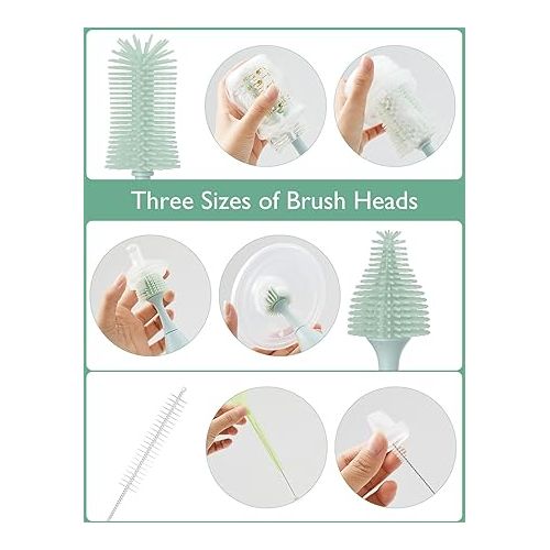  Momcozy Bottle Brush Kit, Innovative Push-Press Design for Better Cleaning - Baby Bottle Cleaner Brush for Baby Bottle, Breast Pumps, Nipples, and More - Can Generate Foam for Better Cleaning, Green