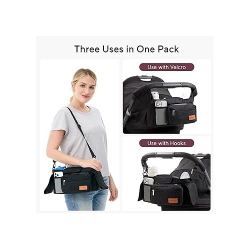  Momcozy Universal Stroller Organizer with Insulated Cup Holder Detachable Phone Bag & Shoulder Strap, Fits for Stroller like Uppababy, Baby Jogger, Britax, BOB, Umbrella and Pet Stroller