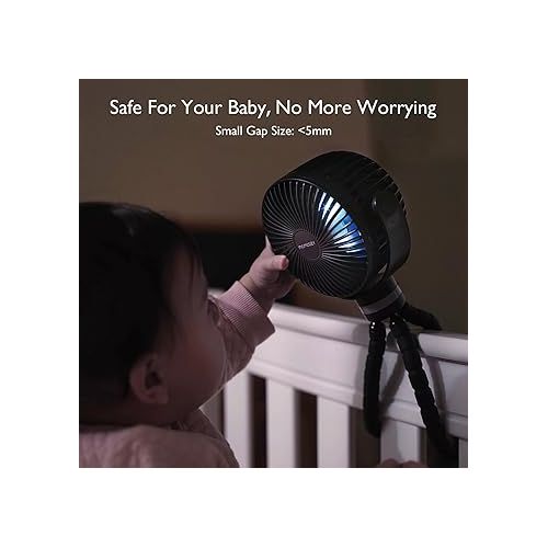  Momcozy Portable Stroller Fan, 8000mAh, 27H Ultra-long Battery Life, Detachable 4 Speed 360°Rotate, LED Night Light 2 Modes, USB Rechargeable Handheld Cooling Fan for Travel, Car Seat,Room