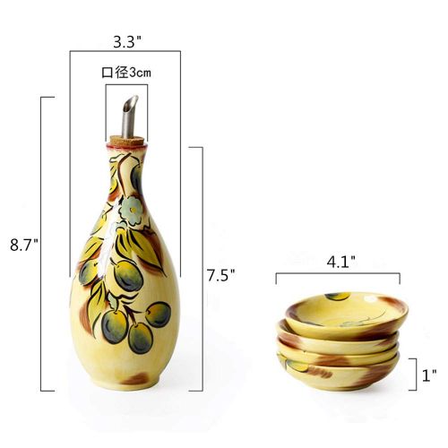  MonLiya Oil Dispenser Bottle 15 Oz Vinegar Bottle Ceramic Oil Container Vintage Printed Olive Oil Vinegar Sprayer Oil Pot with 4 Pcs Sauce Dishes Mini Bowl Set