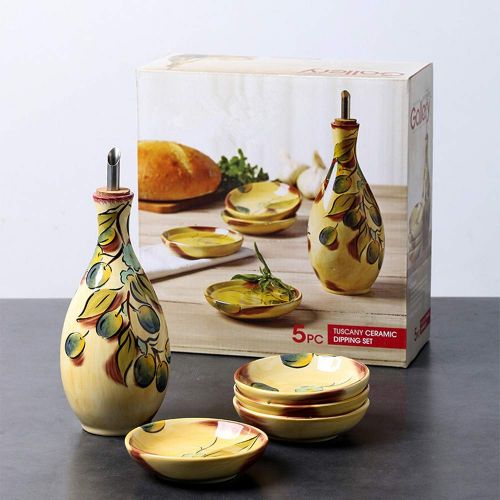  MonLiya Oil Dispenser Bottle 15 Oz Vinegar Bottle Ceramic Oil Container Vintage Printed Olive Oil Vinegar Sprayer Oil Pot with 4 Pcs Sauce Dishes Mini Bowl Set