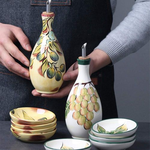  MonLiya Oil Dispenser Bottle 15 Oz Vinegar Bottle Ceramic Oil Container Vintage Printed Olive Oil Vinegar Sprayer Oil Pot with 4 Pcs Sauce Dishes Mini Bowl Set