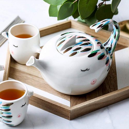  MonLiya Ceramic Teapot Set for Gifts Watercolor Kissing Fish Tea Kettle Coffee Mug Colorful Printed Cups Set Tea Warmer Household Jugs Gift for Kids Home Kitchen Decoration Cartoon