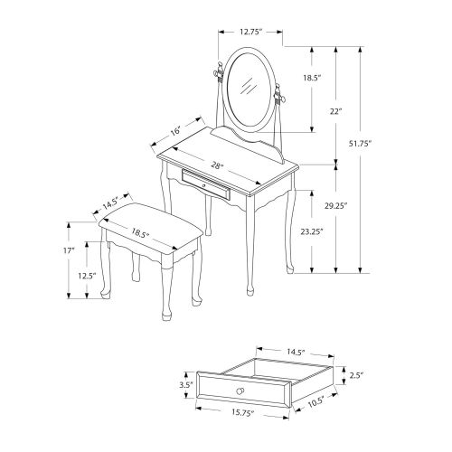  Monarch Specialties I 3412 2 Piece Vanity Set, Antique White