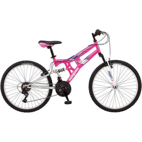  Mongoose Exlipse Full Dual-Suspension Mountain Bike for Kids, Featuring 15-Inch/Small Steel Frame and 21-Speed Shimano Drivetrain with 24-Inch Wheels, Kickstand Included, Pink