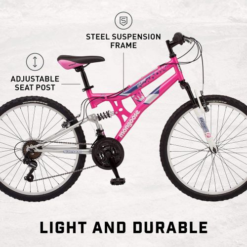  Mongoose Exlipse Full Dual-Suspension Mountain Bike for Kids, Featuring 15-Inch/Small Steel Frame and 21-Speed Shimano Drivetrain with 24-Inch Wheels, Kickstand Included, Pink