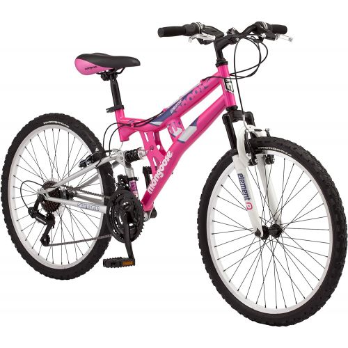  Mongoose Exlipse Full Dual-Suspension Mountain Bike for Kids, Featuring 15-Inch/Small Steel Frame and 21-Speed Shimano Drivetrain with 24-Inch Wheels, Kickstand Included, Pink