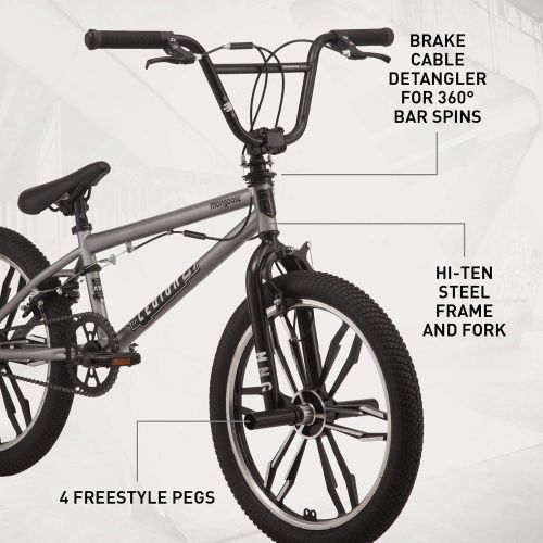  Mongoose Legion Mag Freestyle Sidewalk BMX Bike for Kids, Children and Beginner-Level to Advanced Riders, 20-inch Wheels, Hi-Ten Steel Frame, Micro Drive 25x9T BMX Gearing, Silver