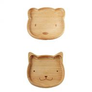 MonkeyJack Natural Wooden Kids Plate Baby Feeding Set Includes Bear Cat Shape Animal Wood Plates
