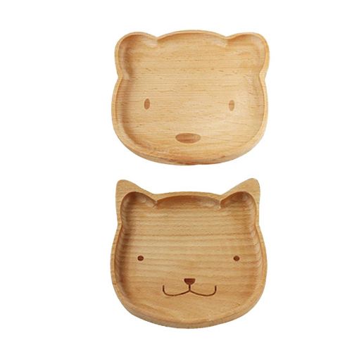  MonkeyJack Natural Wooden Kids Plate Baby Feeding Set Includes Bear Cat Shape Animal Wood Plates