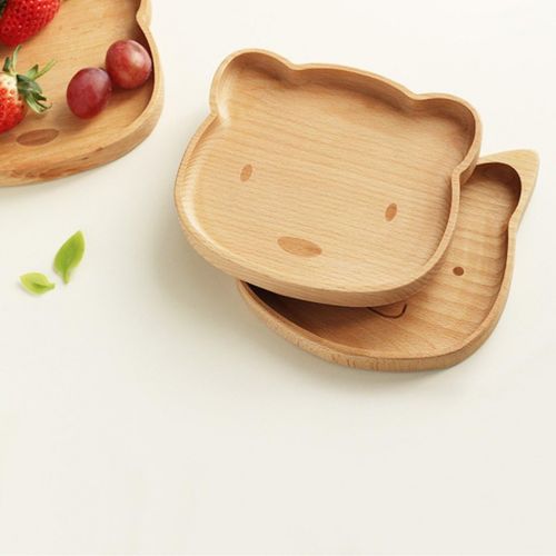  MonkeyJack Natural Handmade Wooden Kids Cat Plate Divided Dishes Animal Serving Tray - Cat